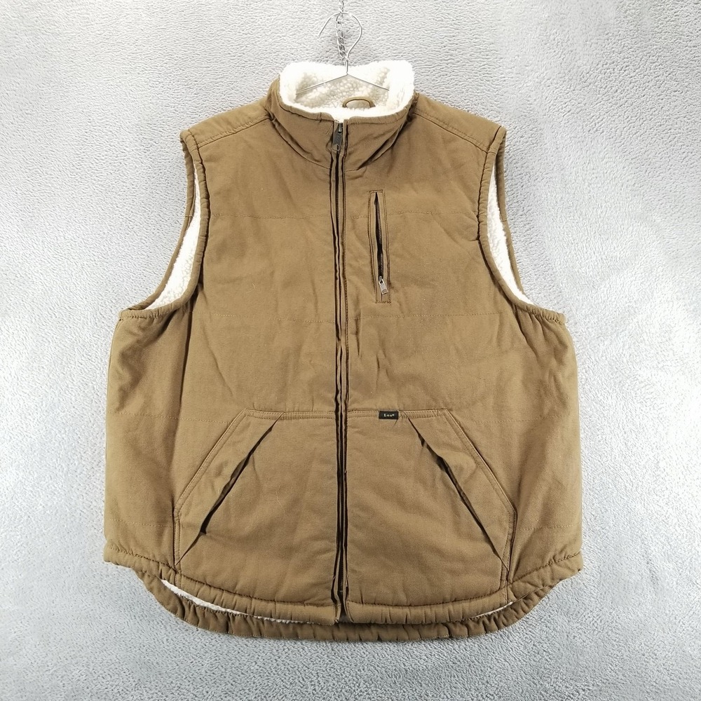 Lee Vest Mens L Brown Sherpa Lined Quilted Canvas Zip Front Workwear Outdoor